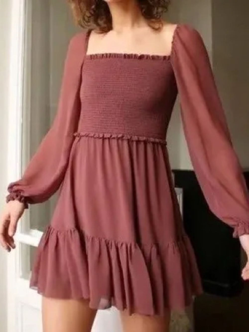 Aritzia Wilfred Tempest Smocked Chiffon Tiered Mini Dress Garnet Red S NWT